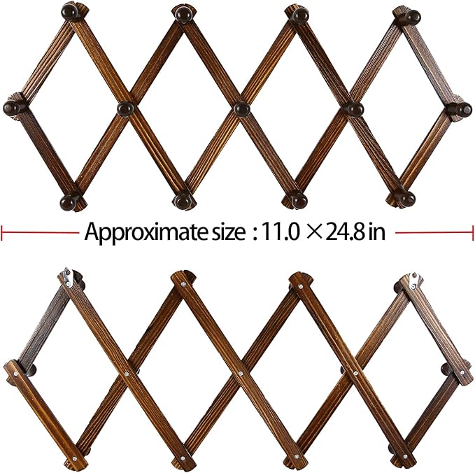 AMAPON Accordion Style Expandable Wall Wooden Coat Rack 13 Hooks (Pegs) Hang Hats Jackets Coffee Mug Purses Necklaces Towels Cap Leash Scarves Data Line Kitchenware (Walnut)