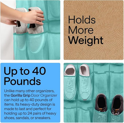 GORILLA GRIP Over the Door Shoe Organizer, 24 Large Breathable Mesh Pockets, Space Saving Hanging Storage Holder, Closet Rack Hanger Holds Up to 40 lbs, Hangs on Closets, Shoes, Accessories, Turquoise