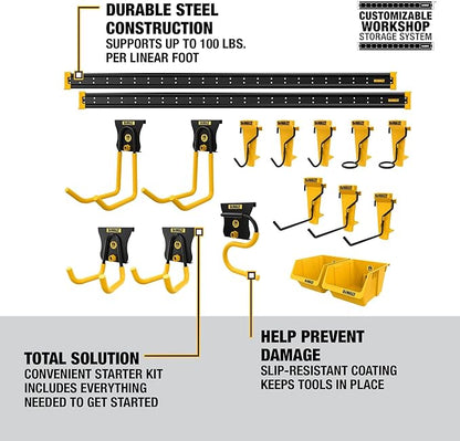 DEWALT Tool Organizer, 21 Piece Accessory Starter Kit, Includes 2 Metal Rails, 13 Hooks, and 2 Plastic Bins, DEWALT Workshop Storage System Compatible (DWST82801)