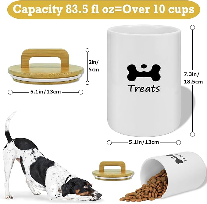 Dog Treat Container Airtight - 5 Inch Wide x 8.7 Inch White Ceramic Dog Treat Jar for Kitchen Counter, Doggie Cookie Jar with Airtight Bamboo Lid - Farmhouse Style Dog Food Storage Container
