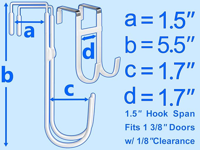 Over the Door Twin Metal Hooks with Plastic Coating 5.5" Fit 0.5" to 1 3/8" Door 2 Sets Heavy Duty Towel Robe Rack Wreath Bathroom Shower Hanger Shoe Organizer Ironing Board Short White