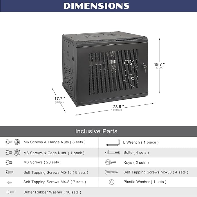 9U Wall Mount Server Cabinet with A Lockable Front Vented Door, Cooling Fans, Removable Side Panels - 45cm Depth, 19" Network Rack Including 2 PCS Full-Size Rack Shelves for IT Equipment