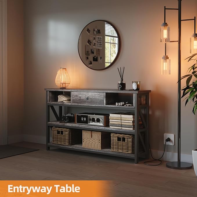 Mexin 39 Inch Console Table with 2 Outlet and 2 USB Ports, Entryway Table with Drawer and Storage Shelves, Narrow Sofa Table for Living Room and Hallway, Grey Oak