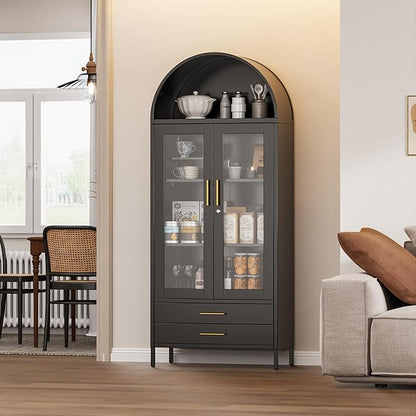 73'' Black Tall Arched Bookcase Cabinet with Glass Doors, Metal Arched Pantry Cabinet with 2 Drawers for Home Kitchen Office,Required Assembly
