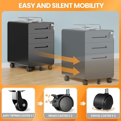 3 Drawer File Cabinet, Fully Assembled Mobile File Cabinets with Lock for Home Office, Metal Rolling Filing Caninet on Wheels, Three Drawer Under Desk Cabnet for Letter/Legal / A4 - Black