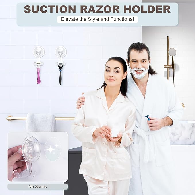 VIS'V Suction Cup Razor Holder, Shower Suction Razor Hooks for His and Hers, Removable and Reusable, Clear, 2 Pcs