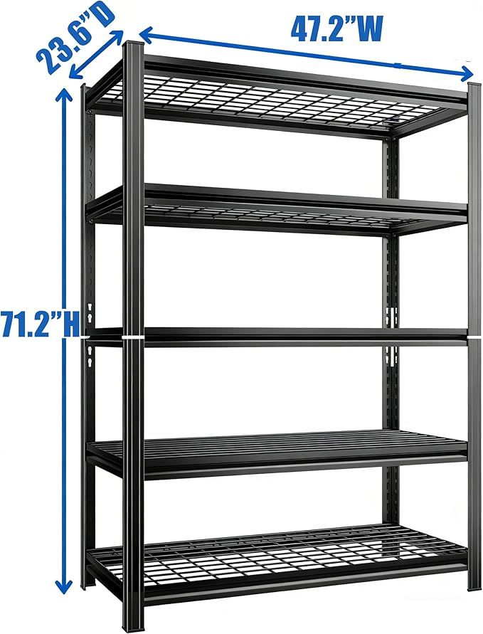 48" W*24" D Garage Shelving 5-Tier Wire Metal Shelving Unit 2500 lbs Storage Shelves Adjustable Heavy Duty Steel Shelf for Warehouse Kitchen Pantry Basement, Black, 71.2" H