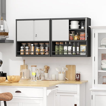 Metal Cabinet Wall Mounted, Garage Storage Cabinets with 2 Door & Adjustable Shelves, Steel Floating Hanging Storage Cabinet, Metal Storage Cabinet for Bathroom, Office, Warehouse