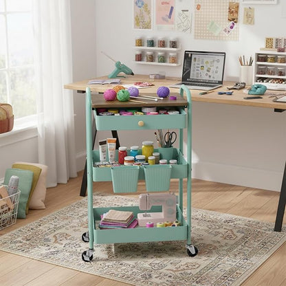 danpinera 3 Tier Rolling Cart, All-in-One Art Cart Organizer on Wheels for Kitchen, Bathroom, Office, Laundry