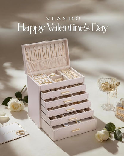 Vlando 6 Layer Large Jewelry Box - Jewelry Holder Organizer, Jewelry Box Organizer for Drawer Necklace Ring Bracelet and Watch, Birthday Gift for Loved Ones - Pink