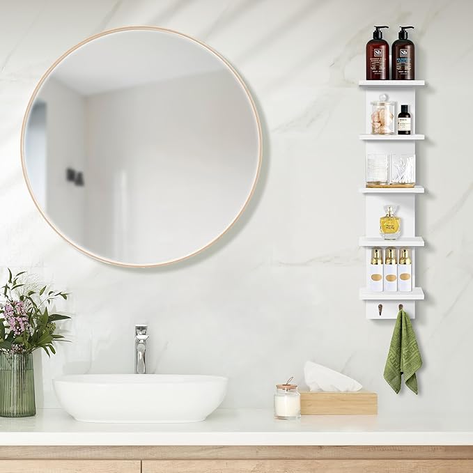 Sorbus 5 Tier Wall Shelf Unit with Hooks, Vertical Column Utility Shelving for Home Decor and Storage Organizer, Wall-Mounted Floating Shelves for Bathroom Storage, Bedroom, Living Room