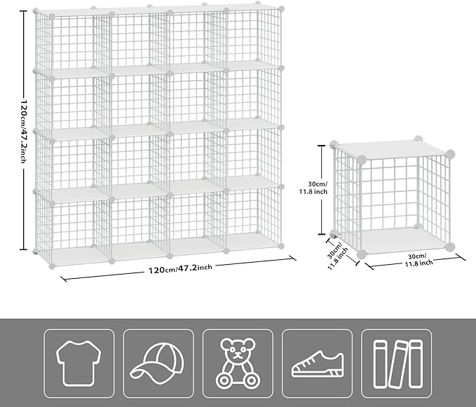 HUBSON Wire Cube Storage Organizer, Book/Toy/Craft/Potted Plants and Pet Closet Organizers, 16-Cube Freely Combinable Metal Grid Storage Shelves, White Plus Iron