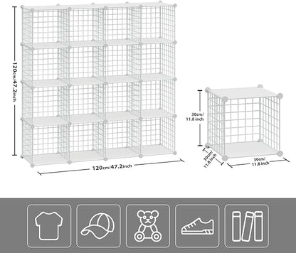 HUBSON Wire Cube Storage Organizer, Book/Toy/Craft/Potted Plants and Pet Closet Organizers, 16-Cube Freely Combinable Metal Grid Storage Shelves, White Plus Iron