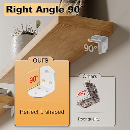 Alise 4Pcs Shelf Brackets White, Stainless Steel Floating Shelf Brackets Corner Brackets, L Brackets for Shelves, 90 Degree Angle Bracket, Heavy Duty Shelf Brackets for Wood Furniture (1.97X1.97 in)