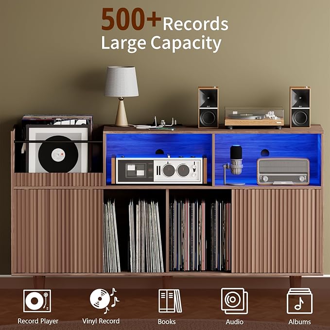 Large Record Player Stand with Power Outlets & LED Lights, Record Player Table Cabinet with Vinyl Record Storage Holds up to 500 Albums, Turntable Stand for Living Room, Bedroom