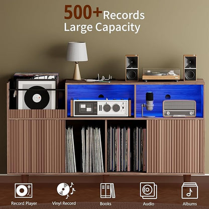Large Record Player Stand with Power Outlets & LED Lights, Record Player Table Cabinet with Vinyl Record Storage Holds up to 500 Albums, Turntable Stand for Living Room, Bedroom