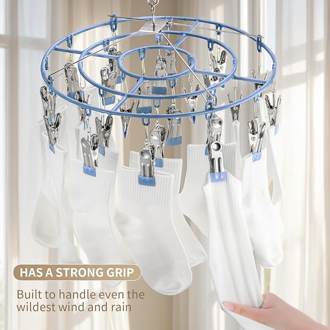 PHYDELU Drying Rack Clothing with 24 Clips，Sock Hanger for Drying，Hanging Clothes Dryer Underwear Hangers Racks Laundry Herb Socks Panty Wet Bra Lingerie Baby Delicates Foldable Small Indoor Metal