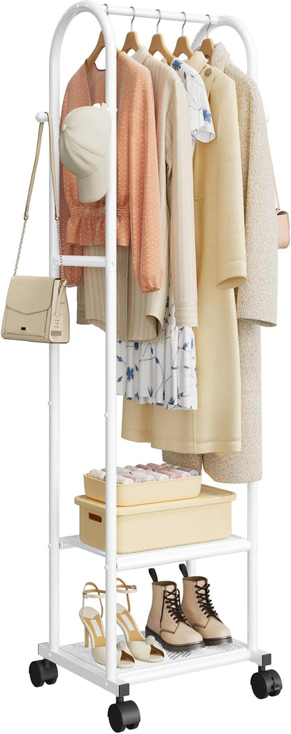 Clothes Rack - Space-Saving Clothing Rack with Wheels, 2-Tier Dense Mesh Shoe Shelves & 4 Hooks, Garment Rack for Bedroom, Entryway, Closet, 18.4" x 12.6" x 72", White