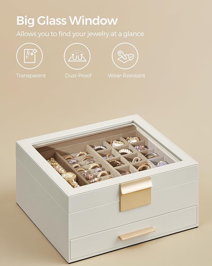 SONGMICS GISELLA Collection - Jewelry Box Organizer, 2-Layer Jewelry Storage with 1 Drawer, Shiny Metal Hardware, Glass Lid, Modern, 8 x 9.1 x 4.1 Inches, Cloud White and Gold Color UJBC174W01