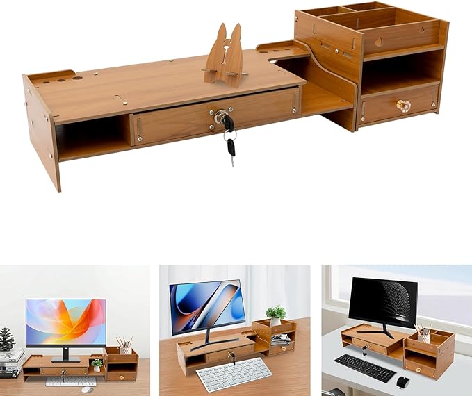 Wood Computer Monitor Stand for Desk Monitor Riser with Drawers & Lock Monitor Stand Organizer Desk Storage Shelf Office Desk Accessories for PC, Laptop, Printer (Wood, 4.13'' H)