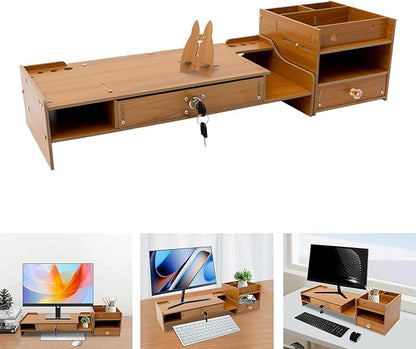 Wood Computer Monitor Stand for Desk Monitor Riser with Drawers & Lock Monitor Stand Organizer Desk Storage Shelf Office Desk Accessories for PC, Laptop, Printer (Wood, 4.13'' H)