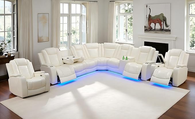Power Recliner Sectional Sofa with LED, Reclining Sectional Sofa Living Room Furniture Set, Creamy White Couch and 2 Chairs, Reclining Couch Read Lights/Storage/Cup Holder for Office/House