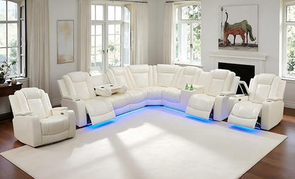 Power Recliner Sectional Sofa with LED, Reclining Sectional Sofa Living Room Furniture Set, Creamy White Couch and 2 Chairs, Reclining Couch Read Lights/Storage/Cup Holder for Office/House