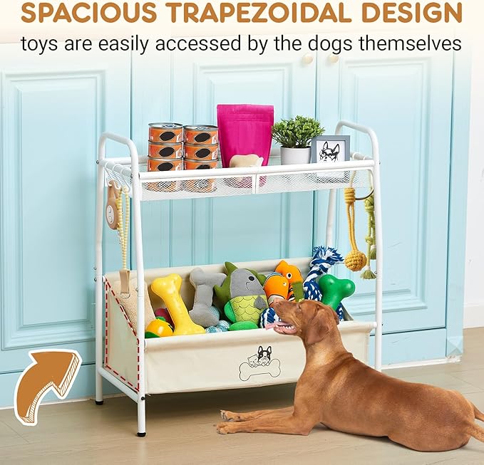Zonon Large 2 Tier Dog Toy Organizer Basket Metal Pet Storage Bin with Collar Leash Holder Hook,Trapezoid Pet Toy Box for Food, Snacks & Accessories, Holder Chest for Dog & Cat Essential Supplies