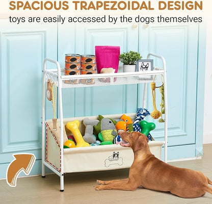 Zonon Large 2 Tier Dog Toy Organizer Basket Metal Pet Storage Bin with Collar Leash Holder Hook,Trapezoid Pet Toy Box for Food, Snacks & Accessories, Holder Chest for Dog & Cat Essential Supplies