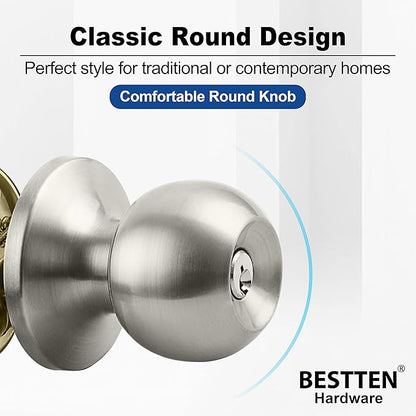 BESTTEN 4 Pack Door Knob with Lock and Key, Keyed Different Entry Door Knob, for Entrance and Front Door, Satin Nickel