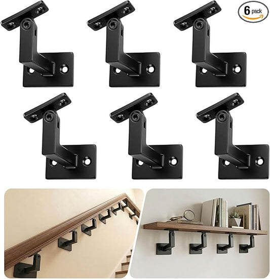 6 Pack Handrail Brackets, Laysmkit Adjustable Handrail Bracket for Staircase, Black Hand Rail Bracket, Wall Mounted Stair Railing Brackets with Installation Hardware for Stairs, Bedroom, Corridors