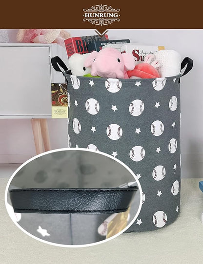 HUNRUNG Laundry Hamper,Large Canvas Fabric Lightweight Storage Basket Toy Organizer Dirty Clothes Collapsible Waterproof for College Dorms, Children Bedroom,Bathroom（Round-Grey Baseball）
