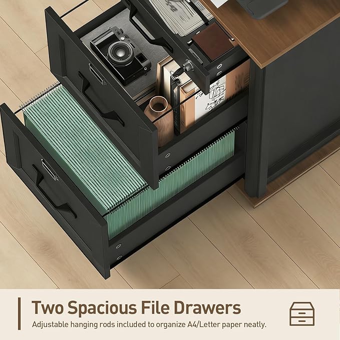3 Drawer File Cabinet with Lock, Wooden Farmhouse Filing Cabinet with Storage Fits Letter and A4 Size, Vertical Printer Stand for Home Office, Rustic Brown and Black