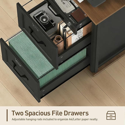 3 Drawer File Cabinet with Lock, Wooden Farmhouse Filing Cabinet with Storage Fits Letter and A4 Size, Vertical Printer Stand for Home Office, Rustic Brown and Black