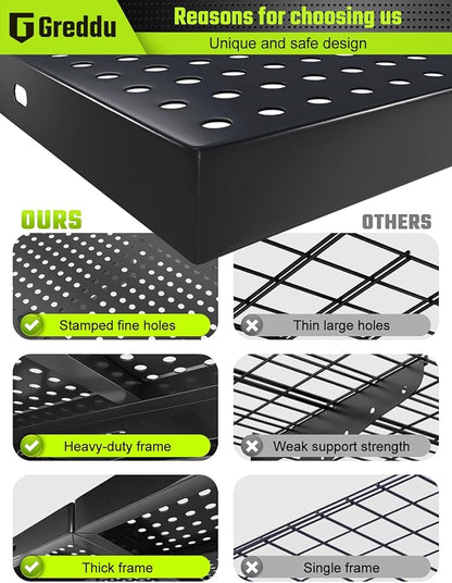 2-Pack 1.5x4ft Heavy Duty Garage Shelving Wall Mounted, 520 Pounds Total Load Capacity, Garage Shelves with Hooks, Black