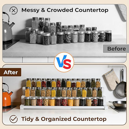 Expandable Spice Rack Organizer for Cabinet, 3 Tier Metal Spice Organization,16"-29.5" Wide Adjustable Seasoning Organizer, Display Shelf, Canned Goods Organizer for Pantry Kitchen Countertop, White