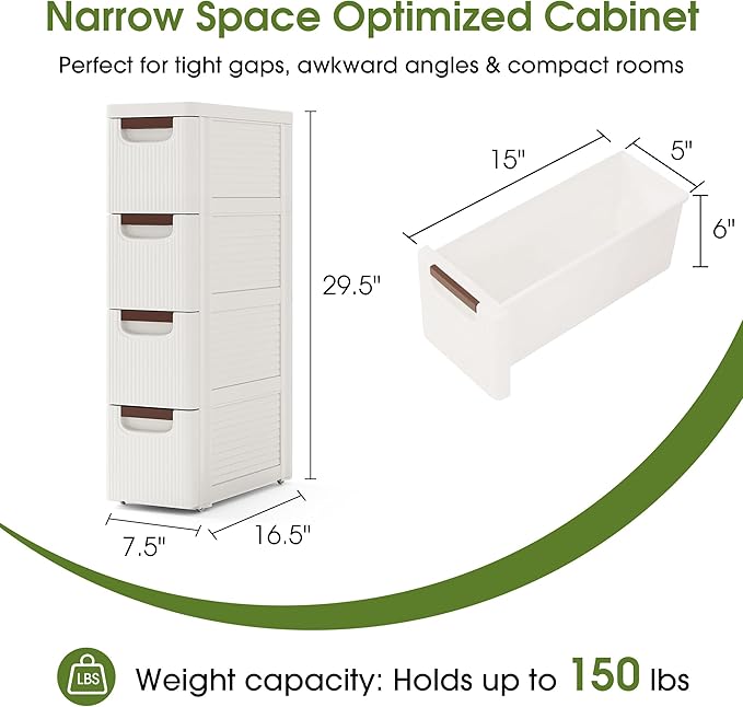 4 Drawers Narrow Storage Cabinet, Slim Bathroom Storage Cabinet, Plastic Rolling Cart Organizer for Small Spaces, Laundry, Office, Home,White