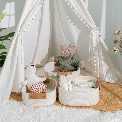 CHICVITA 3 Pack Rectangle Cotton Rope Woven Basket with Handles for Books, Magazines, Toys - Ideal Gift Decorative Basket for Baby Nursery, Living Room
