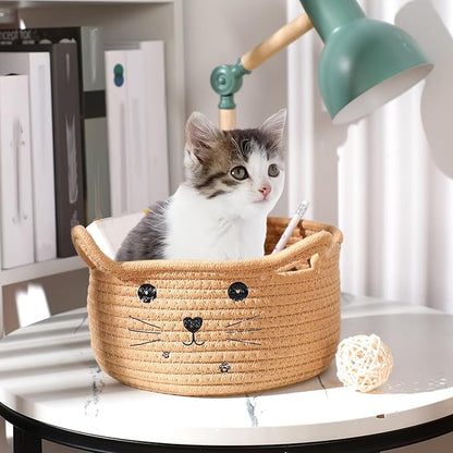 Zopeal Cat Basket Storage Woven Organizer with Ears Easter Decorative Gift Pet Toy Cute Cotton Rope Basket for Gift Cat Dog Toy Bin Nursery Room(13.7 x 7.8 Inch,Khaki)