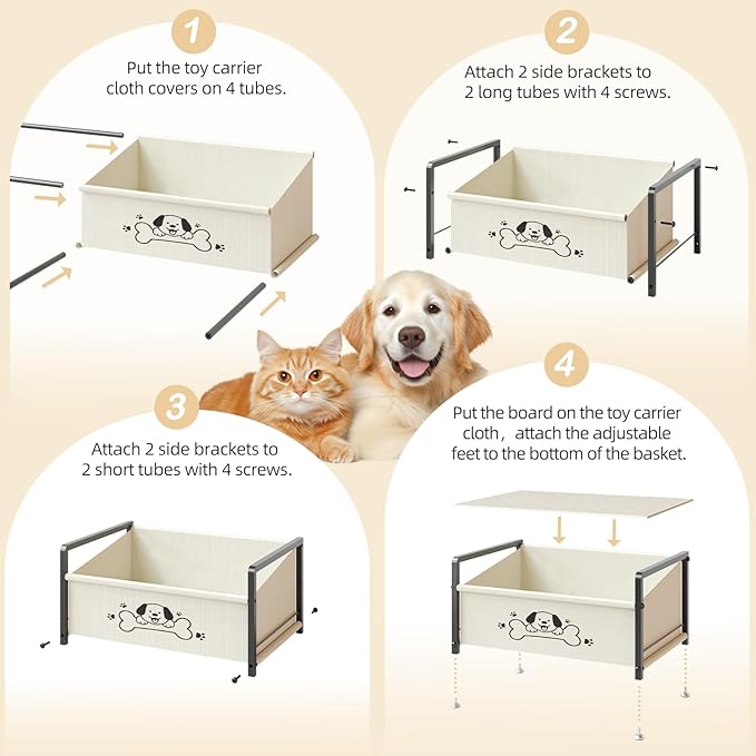 Dog Toy Basket for Storage, Metal Frame Oxford Fabric Pet Toy Organizer with Raised Legs, Large Capacity Dog Toy Bin with Front Low Opening, Washable and Durable Design