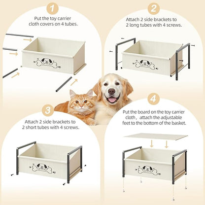 Dog Toy Basket for Storage, Metal Frame Oxford Fabric Pet Toy Organizer with Raised Legs, Large Capacity Dog Toy Bin with Front Low Opening, Washable and Durable Design