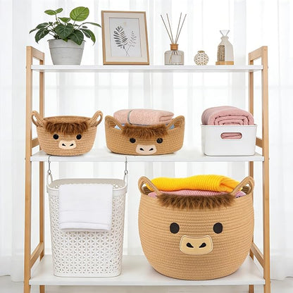 3Pack Highland Cute Cow Storage Baskets Set for Nursery- Small, Oval, Large Woven Gift Basket, Rope Cotton Bins with Handles, Baby Laundry 0rganizer Shower Towel Blanket Clothes (9/12/15In)