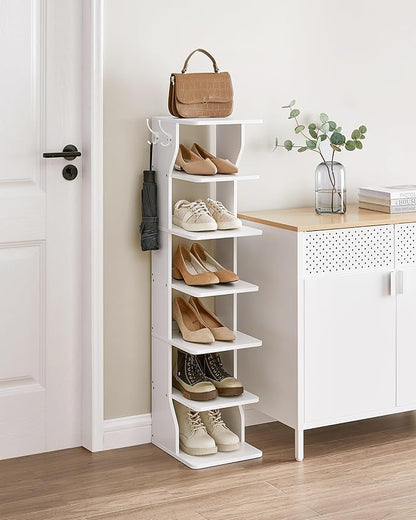 VASAGLE 7-Tier Vertical Shoe Rack, Narrow Shoe Storage Organizer with Hooks, Slim Corner Tower Shelf, Space-Saving for Entryway and Bedroom, White ULBS200T14