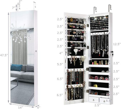 Giantex Wall Door Mounted Jewelry Armoire Cabinet with 47.5" Full Length Mirror, 2 LEDs Lockable Jewelry Organizers and Storage with 2 Drawers, Over the Door Jewelry Organizer Cabinet (White)