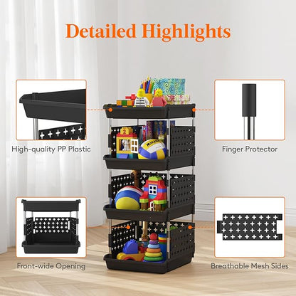 Lifewit Plastic Stackable Storage Baskets, 4 Tier Stacking Bins for Food and Clothes, Multifunctional Organizer for RV, Kitchen, Playroom, Pantry, Black, 35 x 30 x 72 cm/14 x 12 x 28 inch, 1 Pack