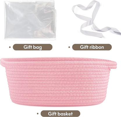 Pro Goleem Small Woven Basket with Gift Bags and Ribbons Durable Baskets for Gifts Empty Small Rope Basket for Storage 12"X 8" X 5" Baby Toy Basket with Handles, Pink
