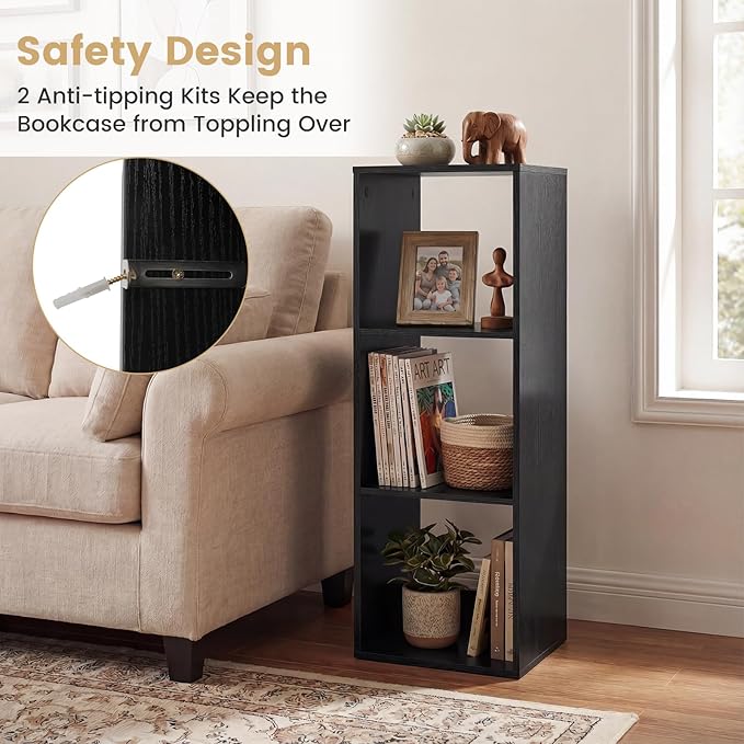 Giantex 3-Cube Bookcase, Cubby Bookshelf w/Back Guardrail & Anti-Tipping Kits, 4-Tier Freestanding Storage Organizer with Shelves, Open Back Display Rack for Living Room, Study