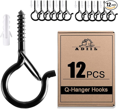 ADIIL 12 PCS Q Hanger Hooks with Safety Buckle, Windproof Screw Hooks for Hanging Outdoor String Lights, Plants, Christmas Patio Lights, 2.2 Inches, Black