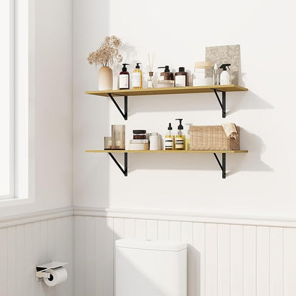 Fun Memories Deep Floating Shelves for Wall, 24W x 8D Wall Mounted Shelves Set of 2, Wide Display Ledge Shelf with Sturdy Metal Brackets for Living Room, Bathroom, Bedroom and Kitchen, Oak