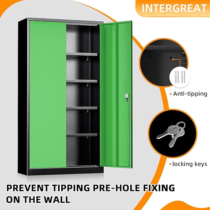 INTERGREAT Metal Lockable Storage Cabinet, 72” H Storage Cabinet with 2 Doors and 4 Adjustable Shelves for Office, Home, Garage, Pantry (Assembly Required, 18”D, Black Green)